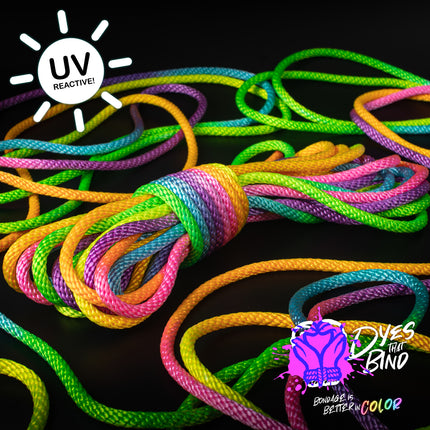 Neon Rainbow Solid Braid Nylon Shibari Rope (Blacklight Reactive!)